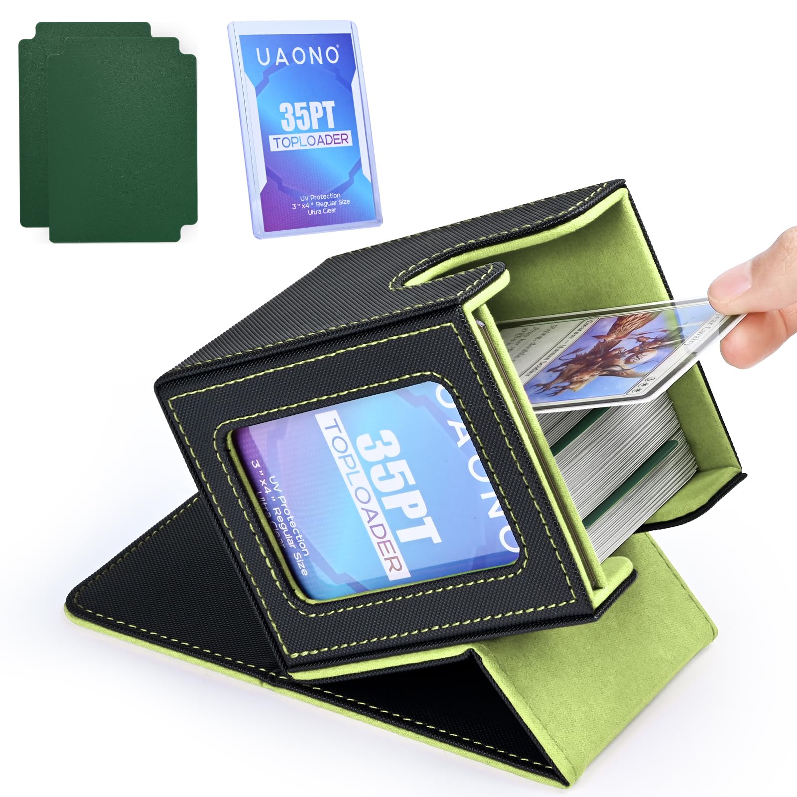 Uaono Card Deck Box With Mtg Commander Display, Deck Case Holds 100+ Double-Sleeved Cards, Trading Card Storage Box Fits Tcg/Ptcg/Sports Card With 2 Dividers, 1 Toploader (Black, Lemon Green)