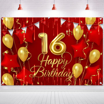 NC 16th Birthday Backdrop Banner Decorations Red and Gold for Boys Girls Happy 16 Years Old Bday Background Photography Party De