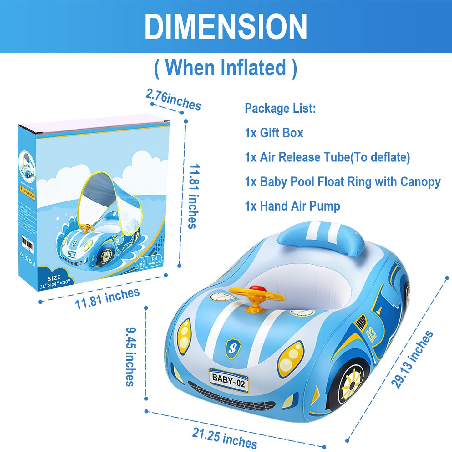Baby Pool Float,Baby Swim Float,Baby Pool Float With Canopy Upf50+ Sun Protection,Toddler Pool Float Inflatable, Car Shaped Baby