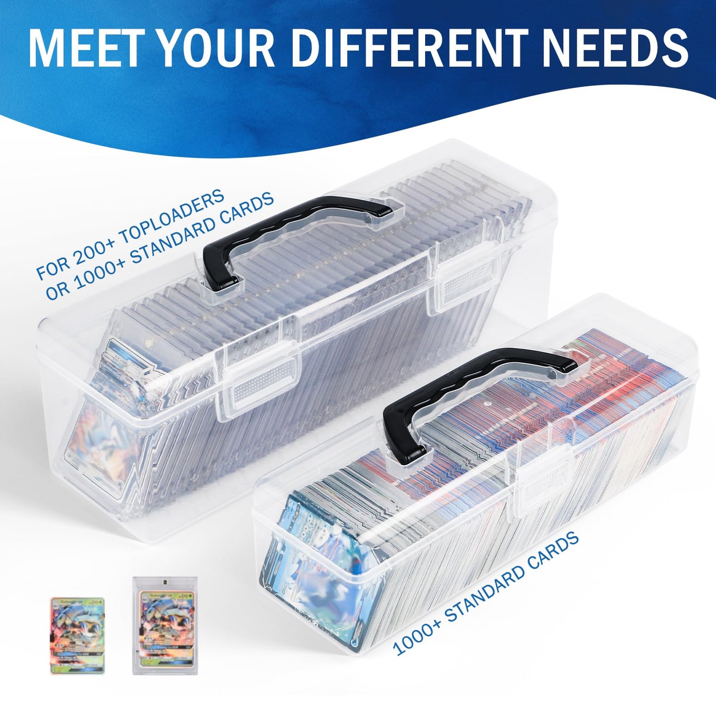 4 Pack Trading Cards Storage Boxes  2 Different Clear Plastic Playing Card Case Size for 400+ Toploaders and 5000+ Standard Cards  Portable for Collectibles