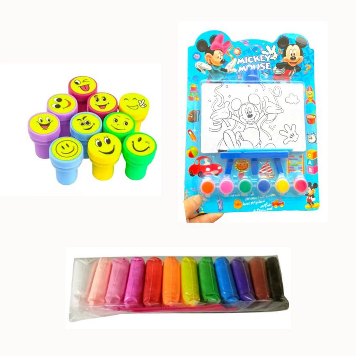 Kalra Magic Kids Art & Craft Combo Set  10 Color Clay Pack, 10 Emoji Stampers & Mickey Mouse Painting Kit | Creative Diy Activi