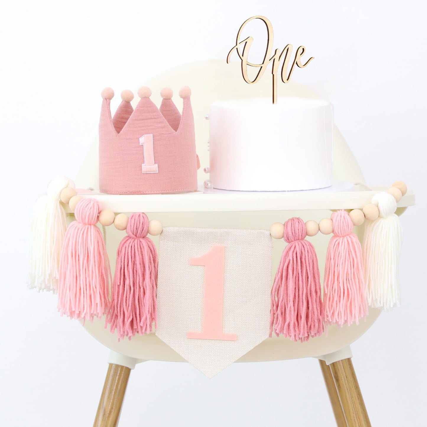 HODIHIWI Pink Baby Girl 1st High Chair Banner Wood Bead Tassel Garland Crown Hat Wooden Cake Topper Birthday Party Decorations