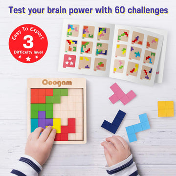 Coogam Wooden Puzzle Pattern Blocks - 3D Brain Teasers, 60 Challenges, Basswood Tangram Jigsaw for Kids & Adults