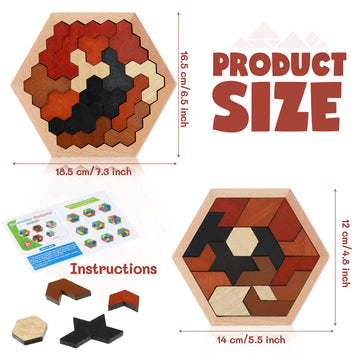 Yunsailing 3 Pack Hexagon Tangram Puzzles - Wooden Brain Teasers in Mixed Wood Tones, Model YUN-HWP-3 for Adults