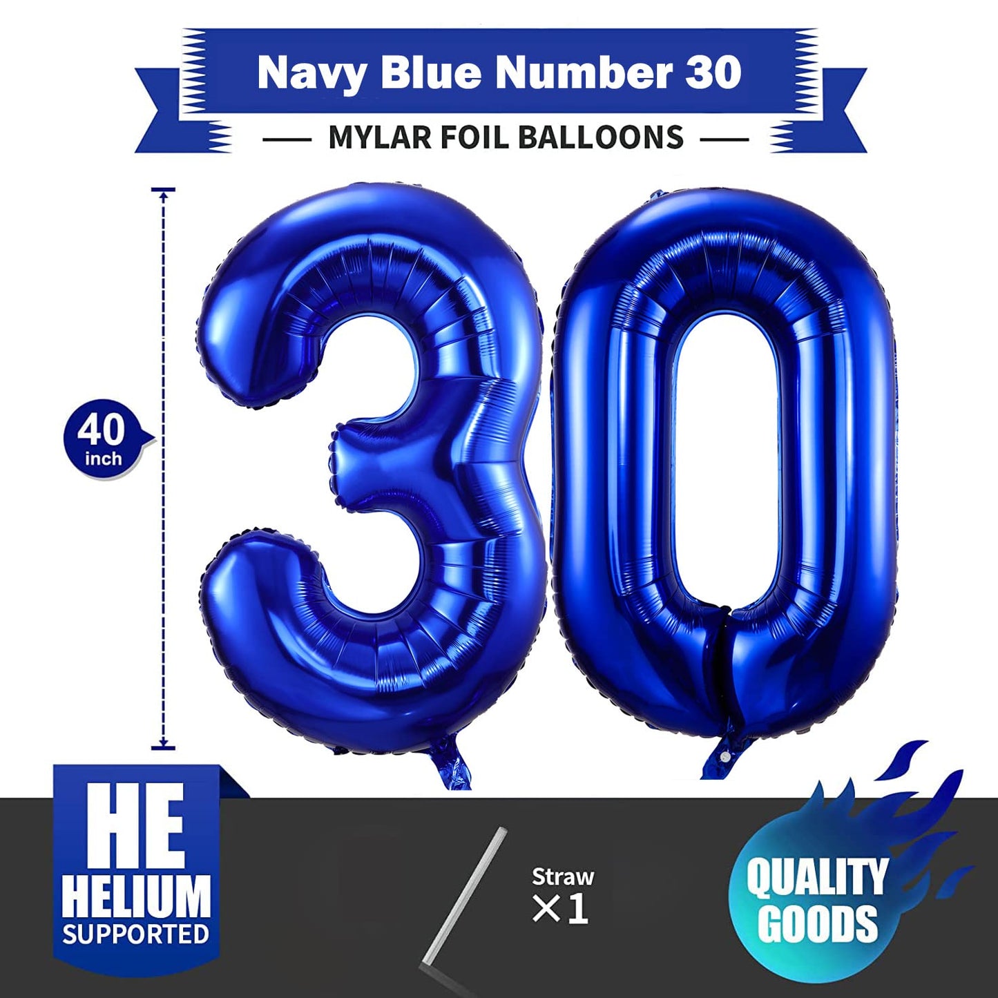 BBPOOL Navy Blue 30 Foil Balloons - 40 Inch Large Aluminum Number 30 for Birthday Party & Anniversary Decorations