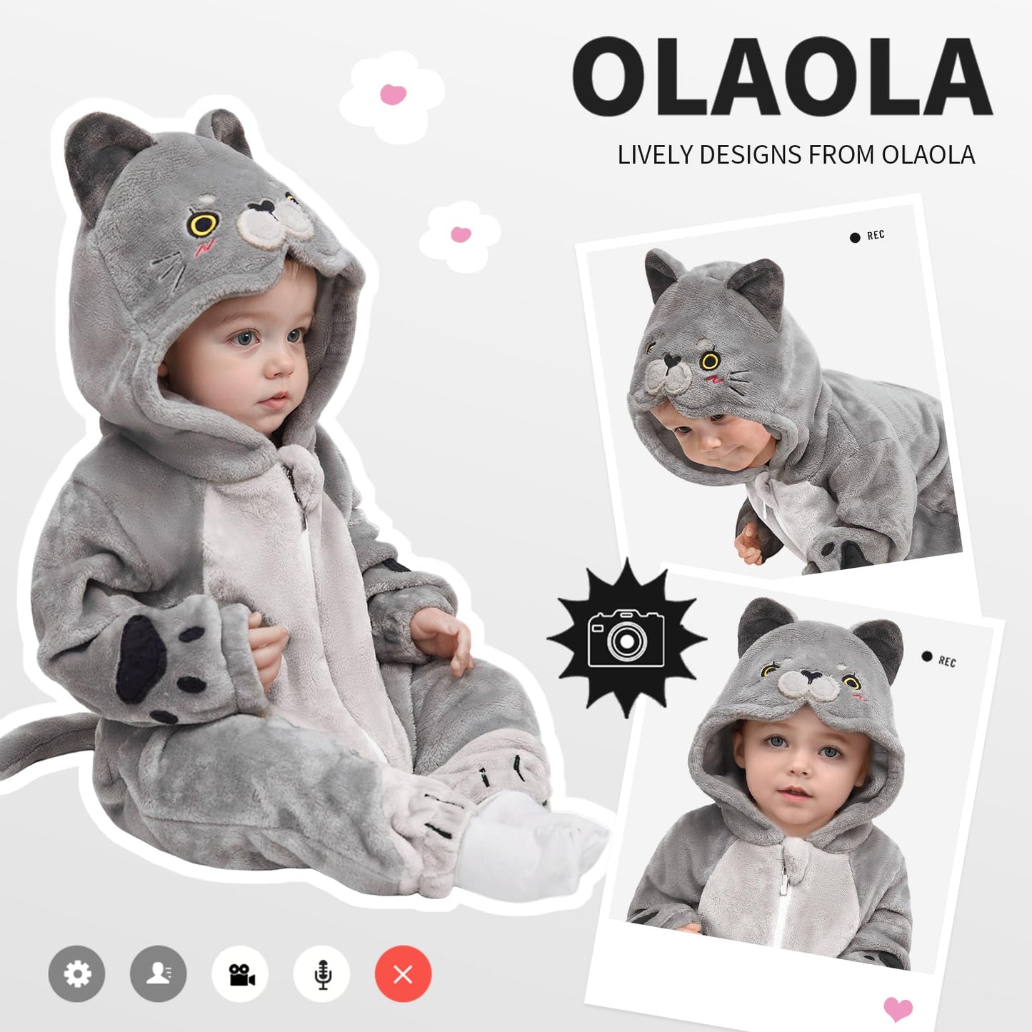 OLAOLA Baby Animal Costume Onesie, Unisex Toddler British Shorthair Cat Romper, Plush Cosplay Dress Up Infant Outfits Halloween