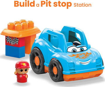 Mega BLOKS First Builders Toddler Building Blocks Toy Set, Ricky Race Car with 6 Pieces and Storage, 1 Figure, Blue, Ages 1+ Yea