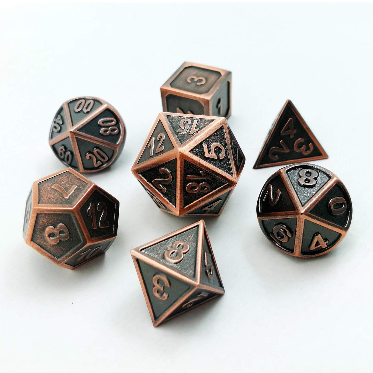 Bescon Antique Copper Solid Metal Polyhedral Dice Set of 7 Copper Metallic RPG Role Playing Game Dice 7pcs Set D4-D20