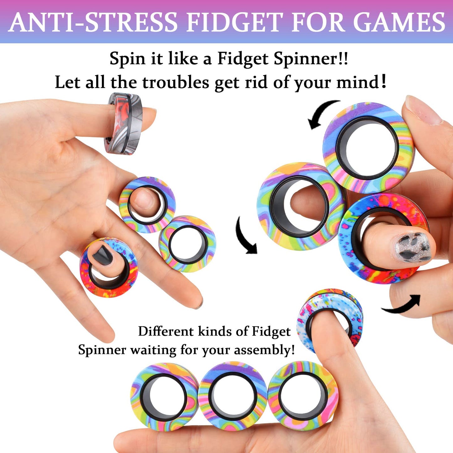 9Pcs Magnetic Rings Fidget Toy Set, Adhd Anxiety Magnetic Fidget Toys Adults Fidget Spinner Rings For Relief, Easter Basket Stuffers Valentines Gifts For 8+ Year Old Teen Boy Girl