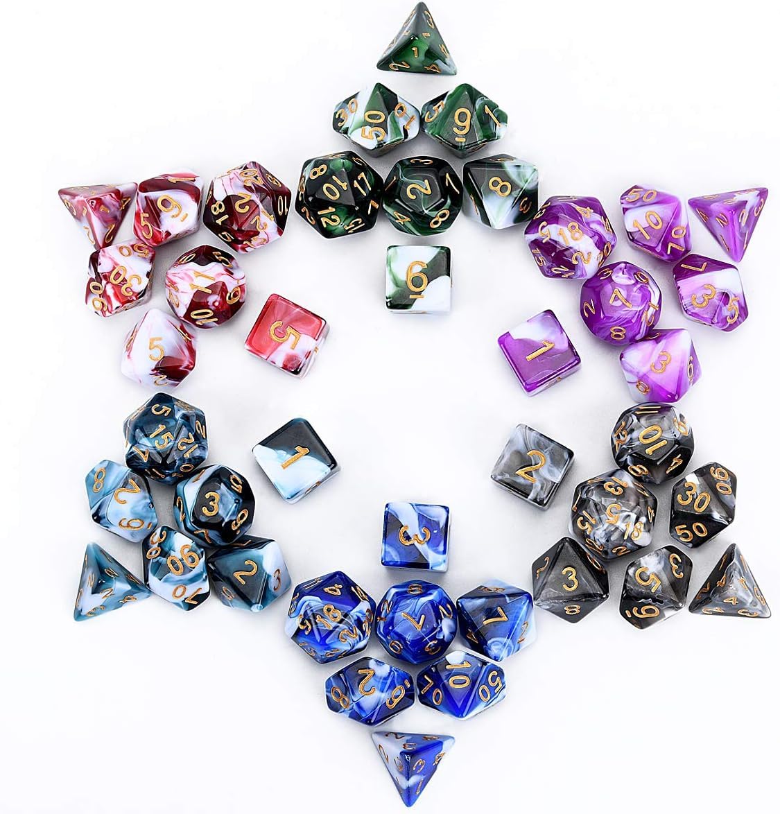 FLASHOWL Polyhedral Dice Set Table Games Dice Pressure Remove 6 Sets Dice 6 x 7 Die Series D20, D12, D10, D8, D6, D4 DND dice DN