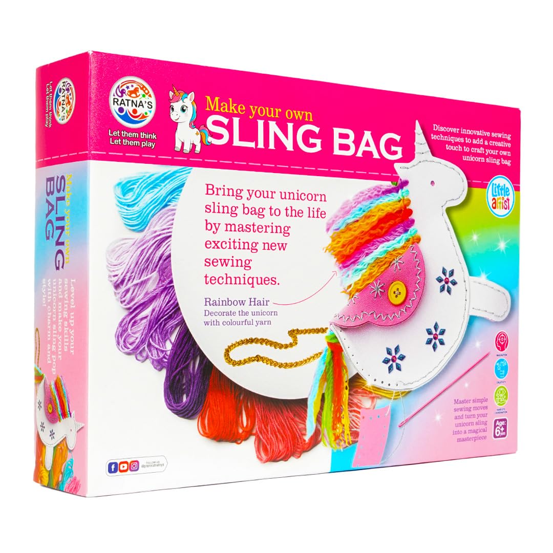 RATNAS Make Your Own Unicorn Sling Bag DIY Kit, Fun Mess Free Sewing Art and Craft Kit for Kids Ages 6+