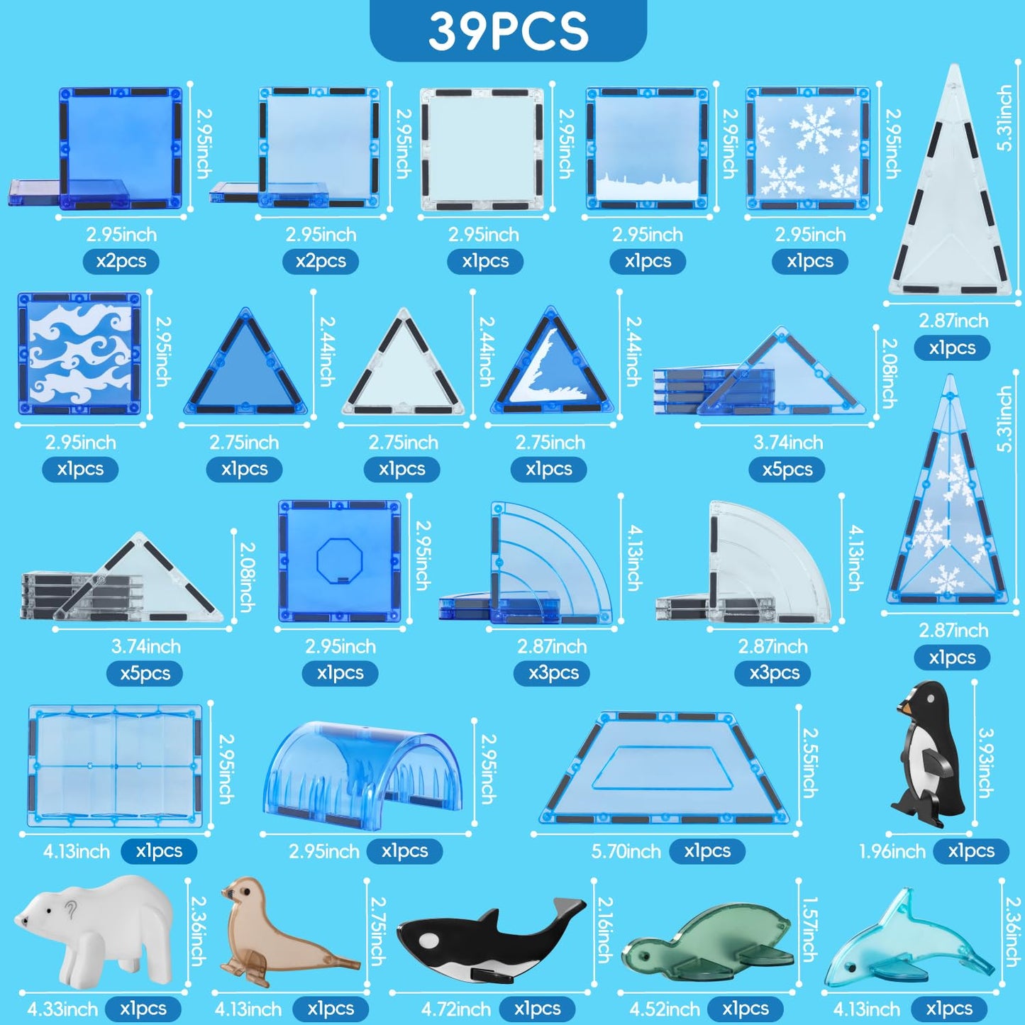 Diophso Magnetic Tiles For Kids 3-8, Frozen Toys Magnet Building Blocks Set With 6 Arctic Animals And Exquisite Pattern, Learnin