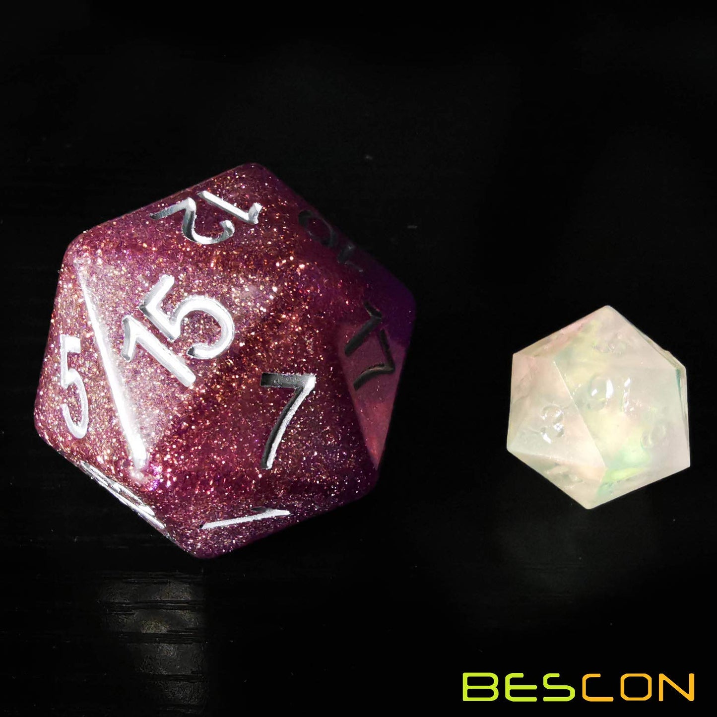 Bescon Glitter Jumbo D20 38Mm, Big Size 20 Sides Dice Glitter Purple, Big 20 Faces Cube 1.5 Inch