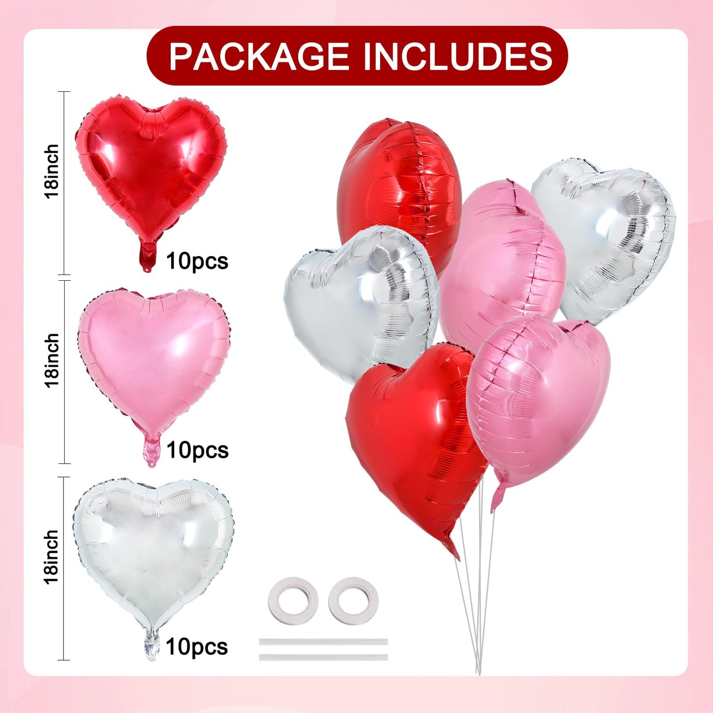 TONIFUL 30Pcs 18 Inch Heart Balloons Red Silver Pink Valentines Day Heart Shape Foil Mylar Balloons Decoration for Valentines D