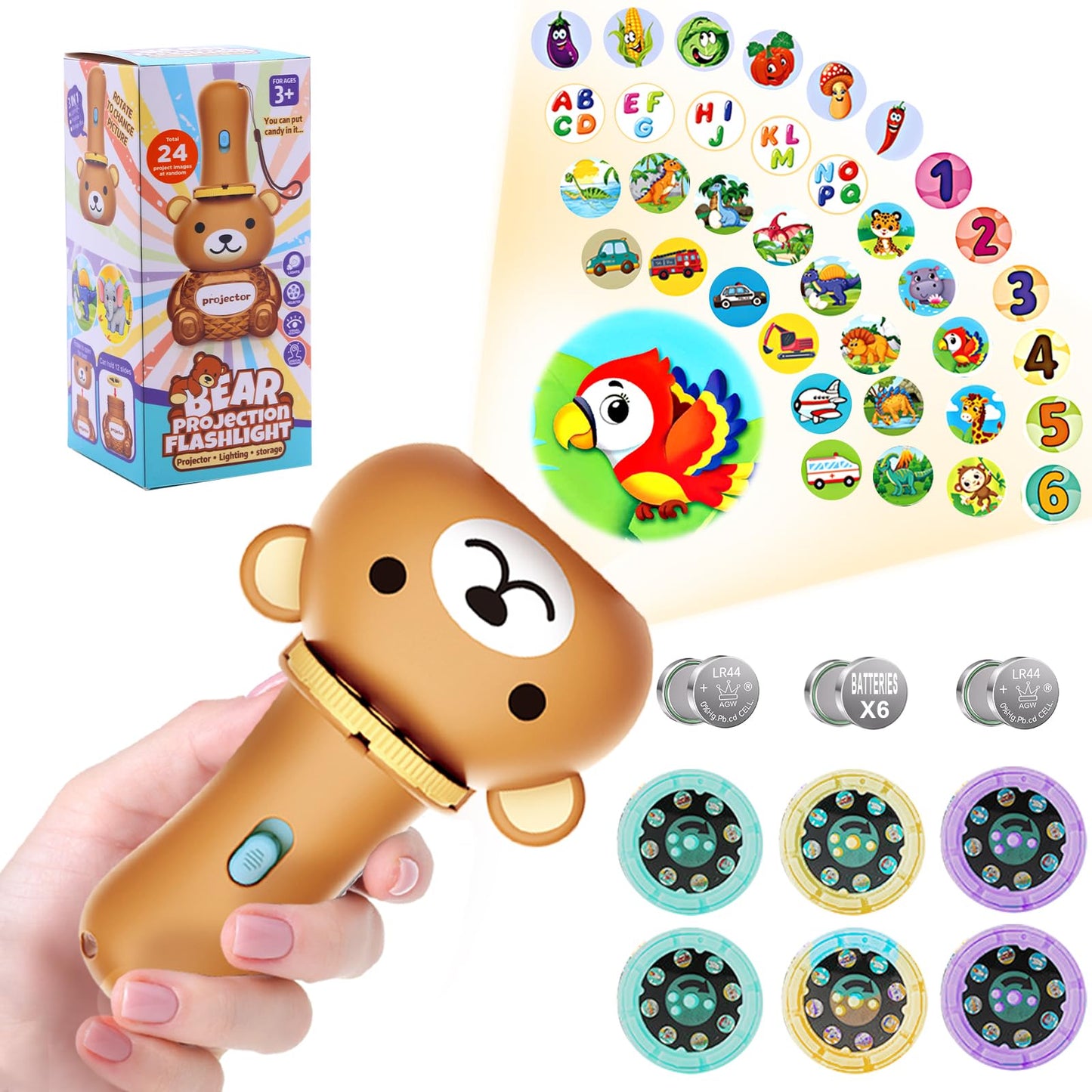 Kids Flashlight Color Projector With 48 Patterns , Include Dinosaurs, Vehicles, Animals, 26 Letter Educational Learning Projecto