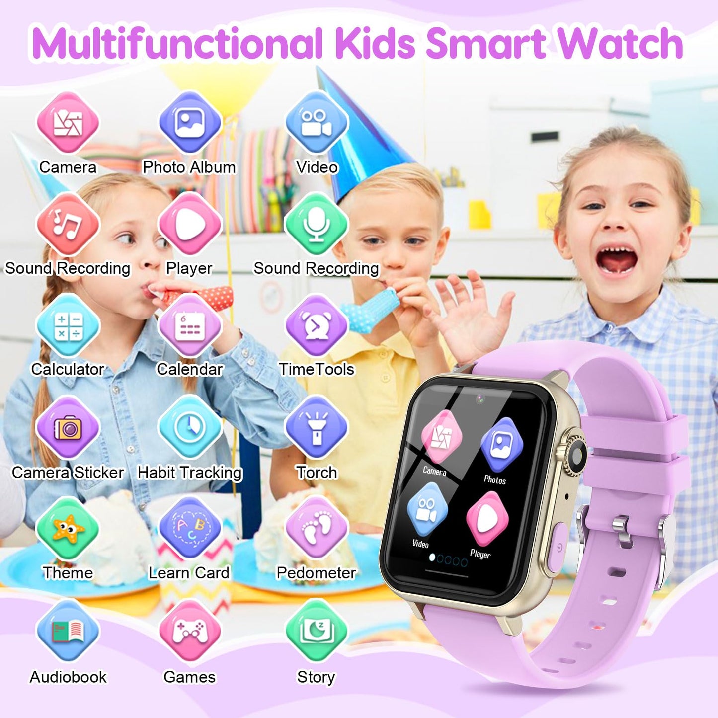 cjc Smart Watch for Kids - HD Touch Screen, Camera, 30+ Games, Pedometer, Purple, Model A10, Ages 4-12, Fun Educational Gift