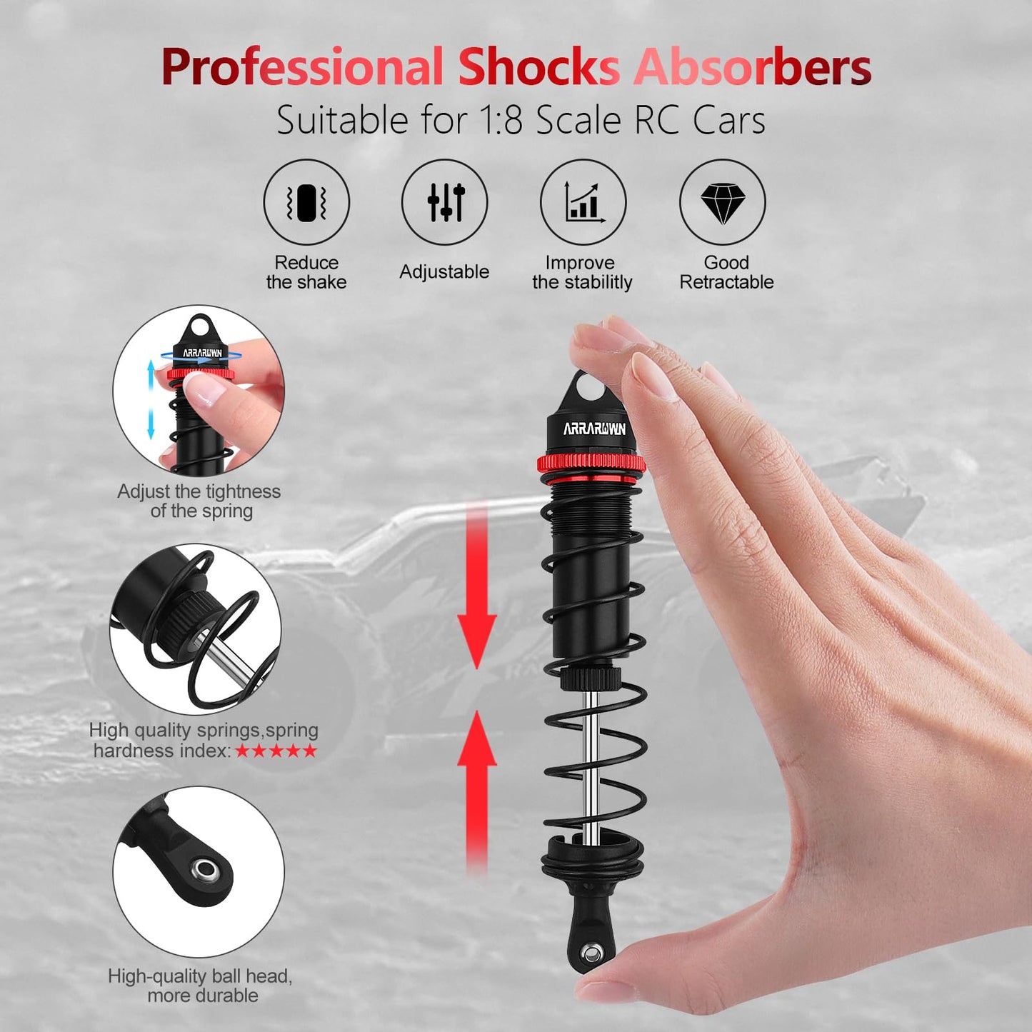 RC Car Shock Absorbers, 130mm Rear Shocks 110mm Front Shocks Set Adjustable Shocks Compatible with 1/8 Arrma Typhoon 6S Redcat F