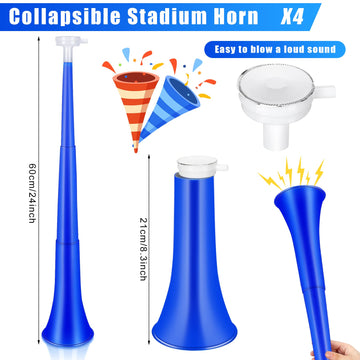 Sosation 4 Pieces Collapsible Stadium Horn 24 Inch Vuvuzela Plastic Trumpet Horn Blow Noisemakers For Sporting Events Graduation Games School Sports Party Supplies Favors Accessories(Blue)