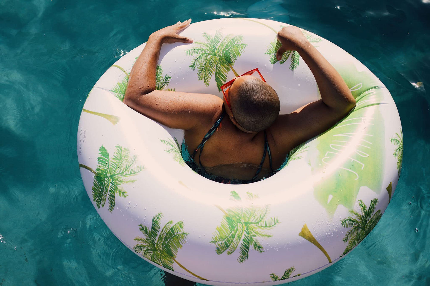 Rae Dunn x CocoNut Float Beach Vibes Palm Tree Pattern Ring Float - mature-themed Size Large 48 Inch Inflatable Raft & Durable Water Inner Tube - Stable Ride-On for Summer Parties & Swim Events