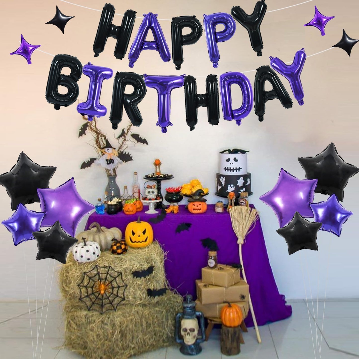 TONIFUL 35PCS Black Purple Happy Birthday Decorations Kit 16 Inch Happy Birthday Balloon Banner Decorations Supplies for Men Wom