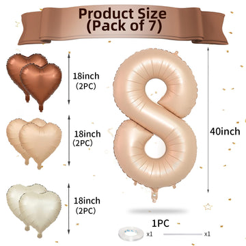 Biapian 40 Inch Light Brown Number 8 Balloons, Caramel Giant 8Th Birthday Balloons With Foil Cream Heart Balloon Helium For 8Th