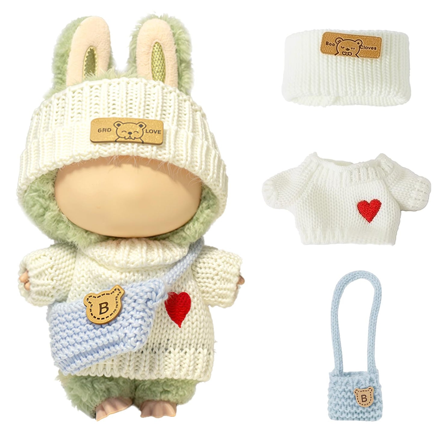 Clothes for LABUUB Doll (NO Doll)  Handcrafted Crochet 3-Piece Set for Doll Accessories  enhanced Outfit - Heart Sweater + Hat + Bag  Cute Clothes for Dress up Unique Style (White)