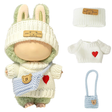 Clothes for LABUUB Doll (NO Doll)  Handcrafted Crochet 3-Piece Set for Doll Accessories  enhanced Outfit - Heart Sweater + Hat + Bag  Cute Clothes for Dress up Unique Style (White)