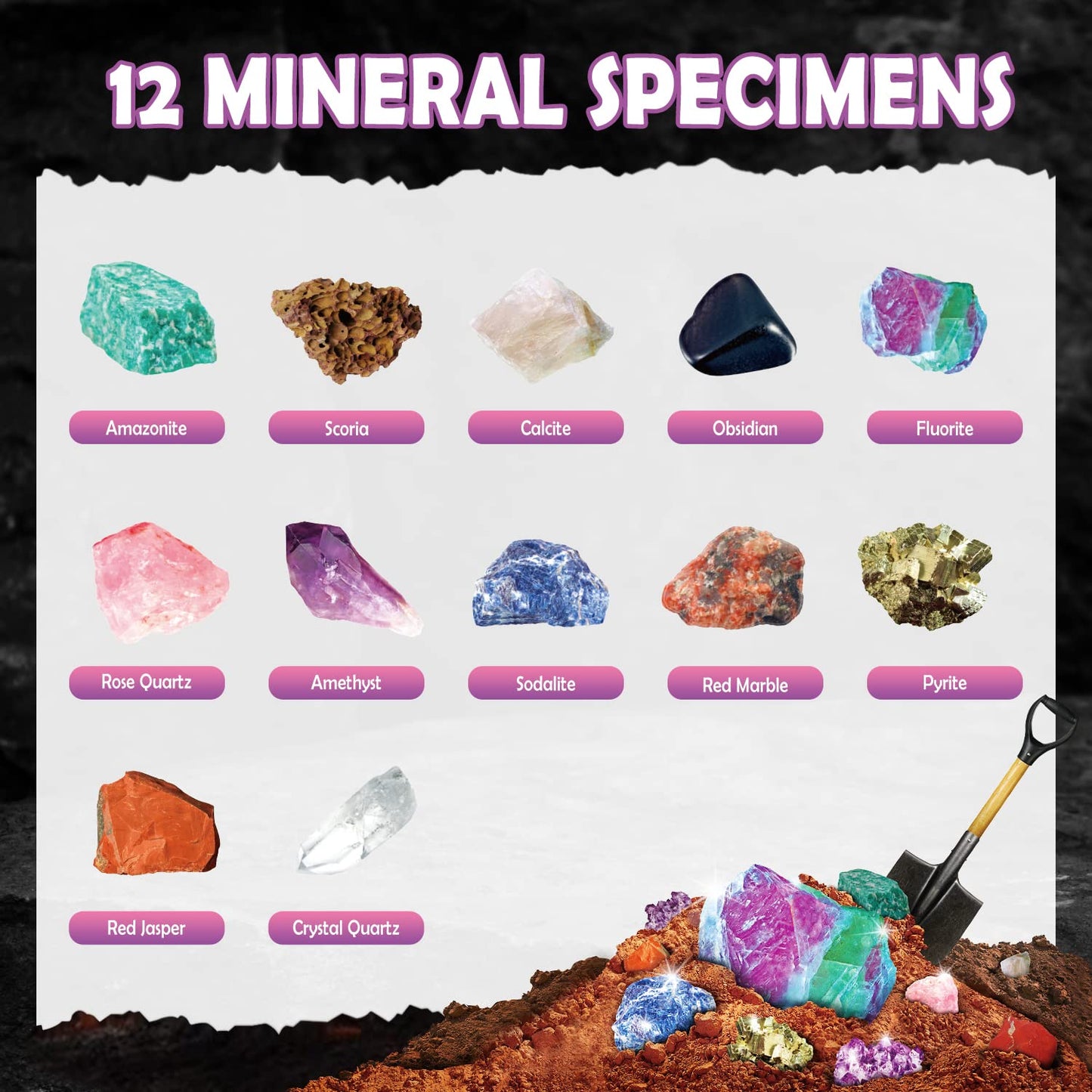 Byncceh Mineral Mining Kit Rock Mining Kit Gem Dig Kit - Dig Up 12 Rock & Mineral Collection Gemstones & Crystals Dig Kit For Kids Gemology Mining Gift Rocks Minerals, Excavation Toys For Boys Girls