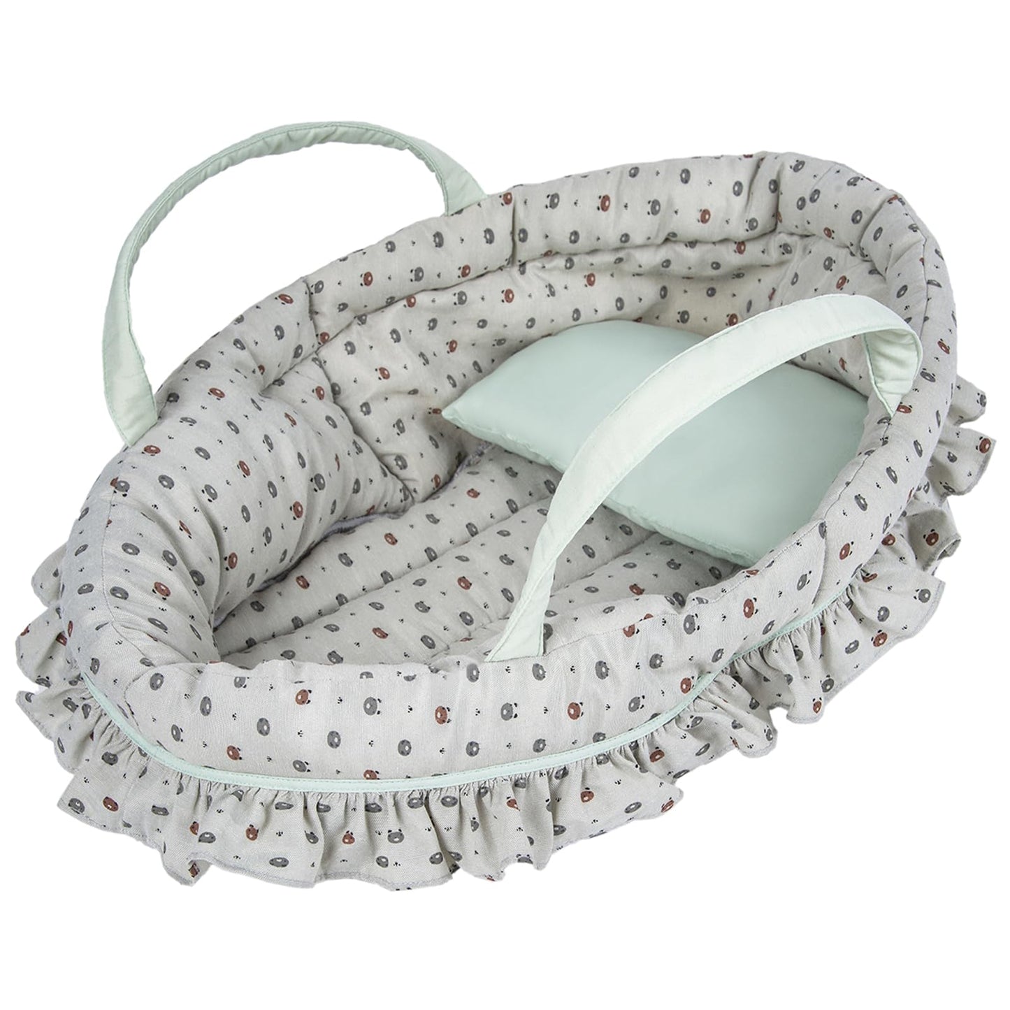 Rakki Dolli Doll Carry Cot Set, Sweet Dreams Soft Bassinet Doll Carrier Includes 1 Cot And 1 Pillow, Grayish Green Bear Doll Bassinet, Fits For 16 Inch American Girl Dolls