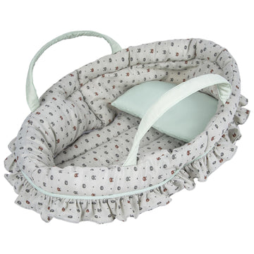 Rakki Dolli Doll Carry Cot Set, Sweet Dreams Soft Bassinet Doll Carrier Includes 1 Cot And 1 Pillow, Grayish Green Bear Doll Bassinet, Fits For 16 Inch American Girl Dolls