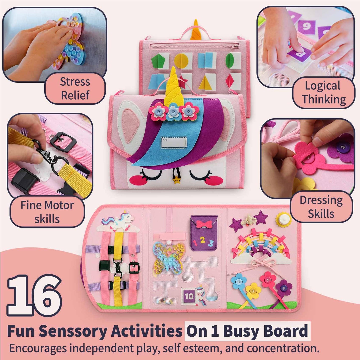 Unicorn Busy Board For 3 Year Old Girl - Toddler Girl Toys, Gifts For 3+ Year Old Girls - Toys For 3 Year Old Girl. Montessori T