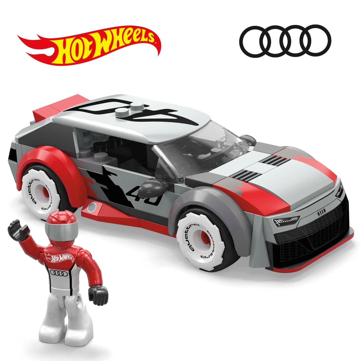 Mega Hot Wheels Building Toy Race Car Playset, Audi Rs 6 Gto Concept With 77 Pieces, 1 Micro Action Figure Driver, Grey, Kids Age 5+ Years