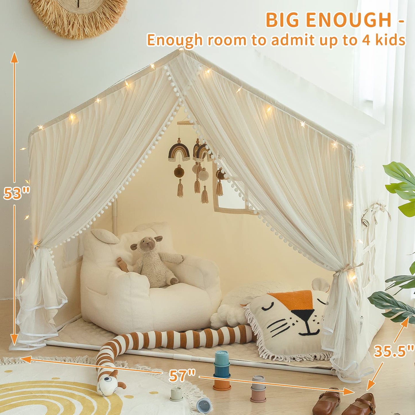 Kids Play Tent, Kids Tent Large Princess Castle Pompoms Play Tent Indoor Playhouse Tent For Girl, Come With Star Lights