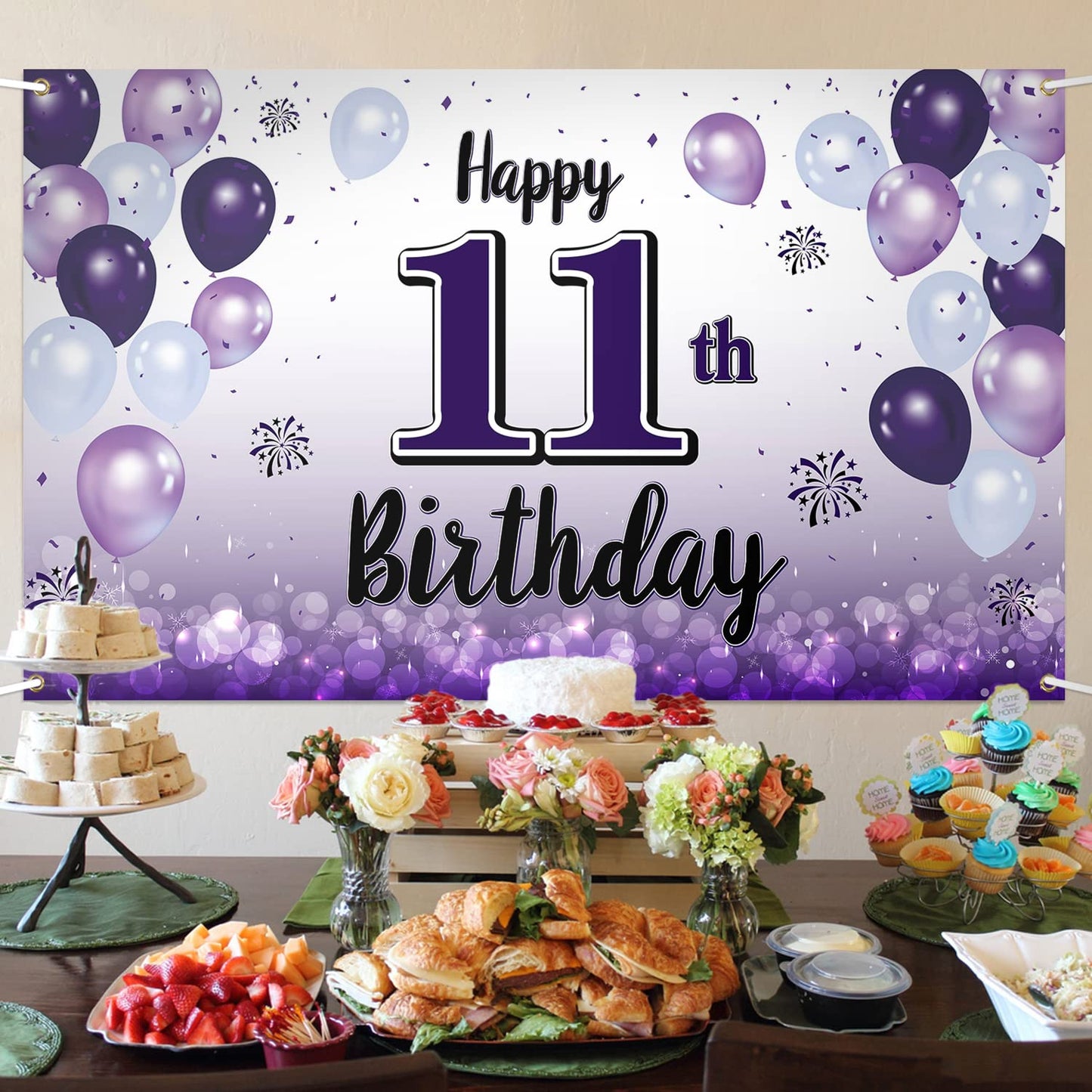 LASKYER Happy 11th Birthday Decorations,11th Purple Balloon Large Birthday Banner Backdrop Sign,Cheers to Eleven Years Old Bday