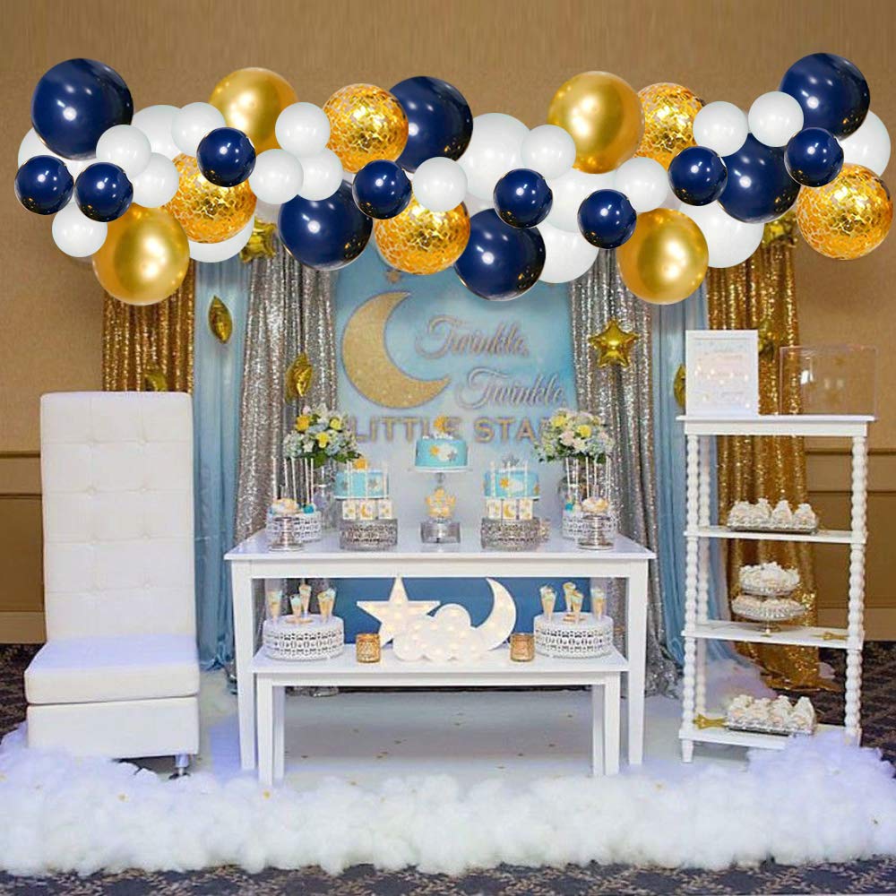 Navy Blue Gold Balloons Garland Kit, 120 Pcs Navy And Gold Confetti White Balloons Arch For Graduation Birthday Party Baby Showe