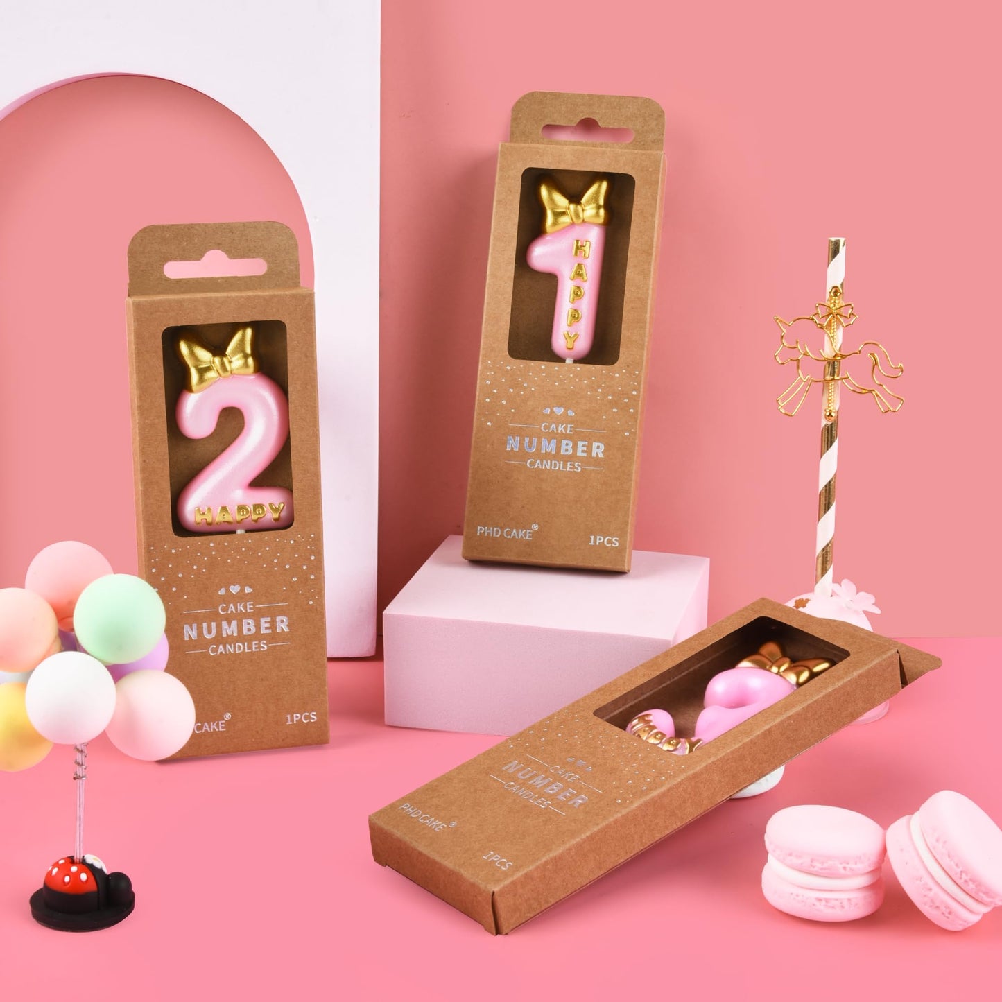 PHD CAKE 2.76 Inch Pink 1 Bowtie Number Birthday Candles, Pink Number Candles, Cake Number Candles, Party Celebration