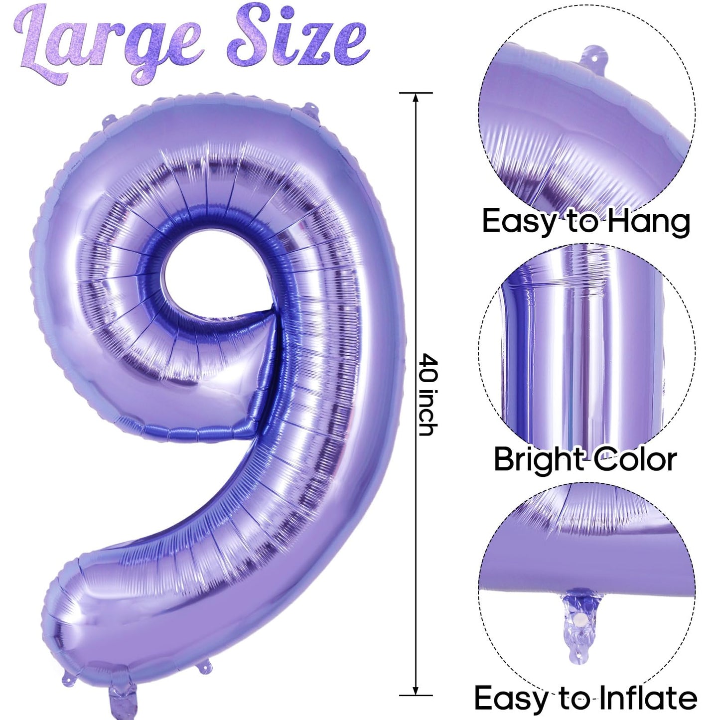 Purple Number 9 Balloon 40 Inch, Big Large Foil Helium Number Balloons, Giant Mylar Number 9 Balloons For 9 Year Old Birthday An