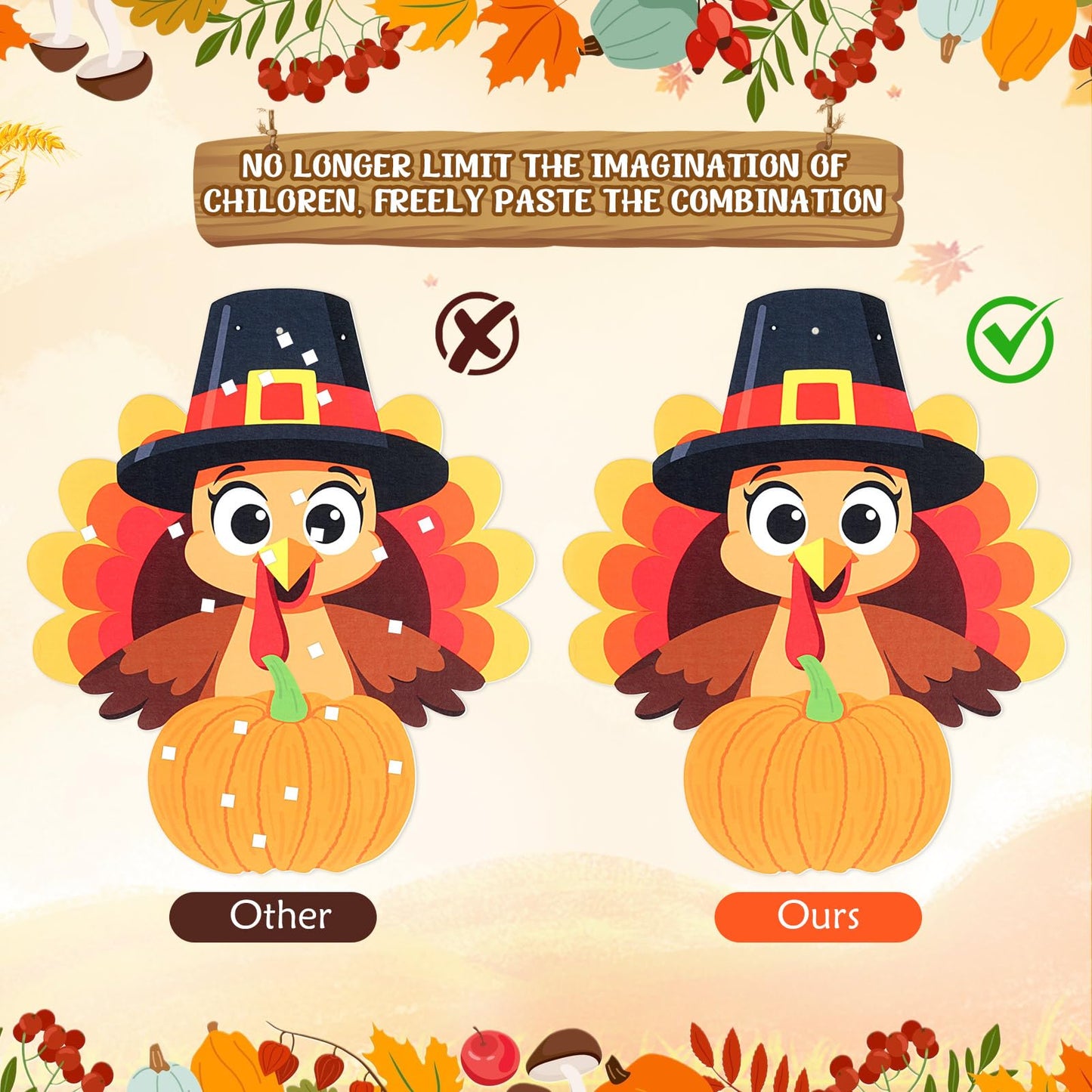 Thinkday 37 Pieces Thanksgiving Craft Kit Felt Turkey Craft, Fall DIY Turkey Pumpkin Felt Set, 36 Detachable Fall Maple Leaf Pin