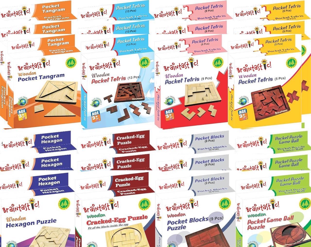 Braintastic All Ages Wooden Puzzle,Travel Board Game Learning & Creative Educational Intelligence Brain Games,Pack Of 24(3X8 Diy