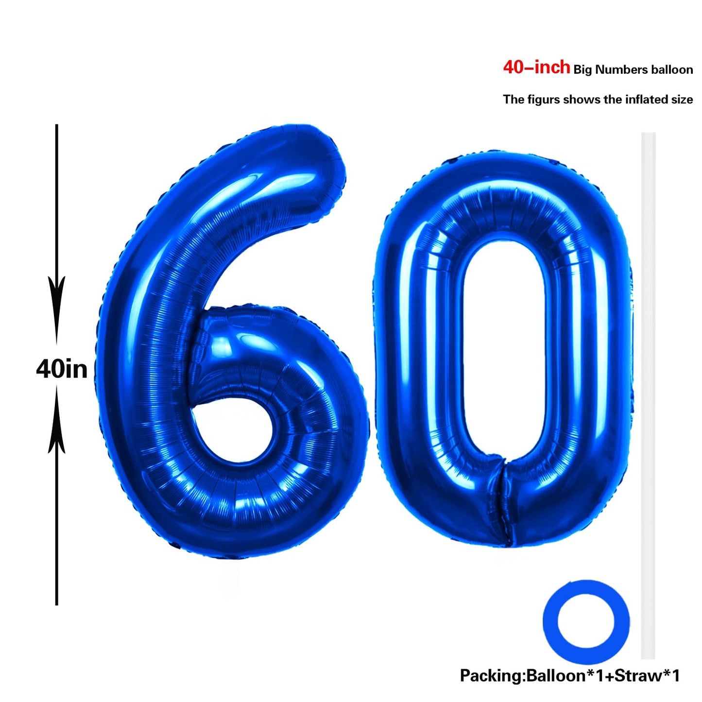 40 Inch Number 60 Balloon Blue Jumbo Giant Big Large Number 60 Foil Mylar Blue Balloons 60Th Birthday Party Anniversary Decorati