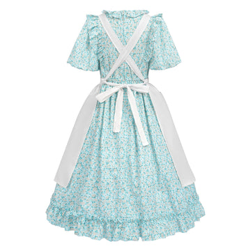 Ltakk Pioneer Dress Girls Colonial Costume Prairie Pilgrim Girl Dresses With Pinafore, Egg Blue, Xl, Age Over 4 Years Old