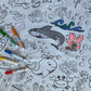 Oceantime Fun Design - Square Tablecloth 60   X60    - Interactive Coloring Tablecloth for Kids - Poly/Cotton Fabric - Washable 