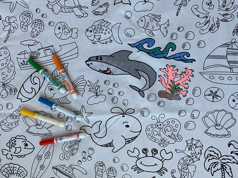 Oceantime Fun Design - Square Tablecloth 60   X60    - Interactive Coloring Tablecloth for Kids - Poly/Cotton Fabric - Washable 
