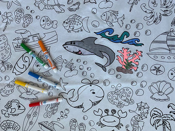 Oceantime Fun Design - Square Tablecloth 60   X60    - Interactive Coloring Tablecloth for Kids - Poly/Cotton Fabric - Washable 