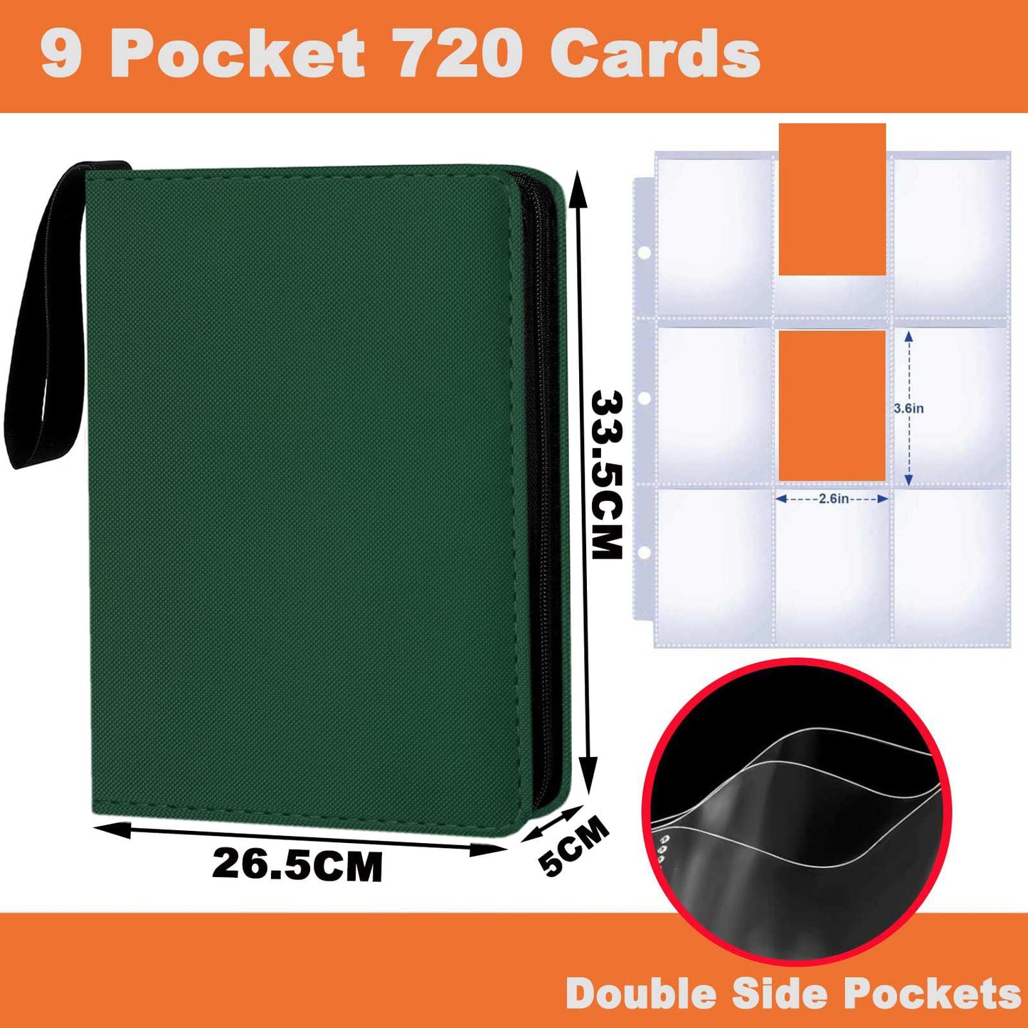 Card Binder 9 Pocket enhanced Zipper Trading Card Album 720 Cards Folders for Collectible MTG TCG Sports Cards Binder (Green)