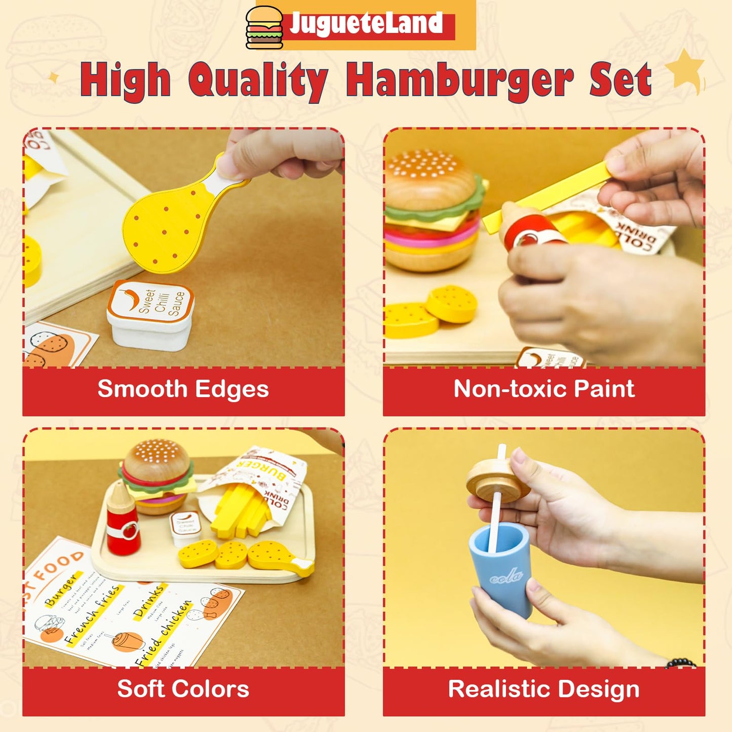 Jugueteland Wooden Play Fast Food Set Play Kitchen Accessories, Pretend Play Food Hamburger French Fries Toy, Restaurant Play Se