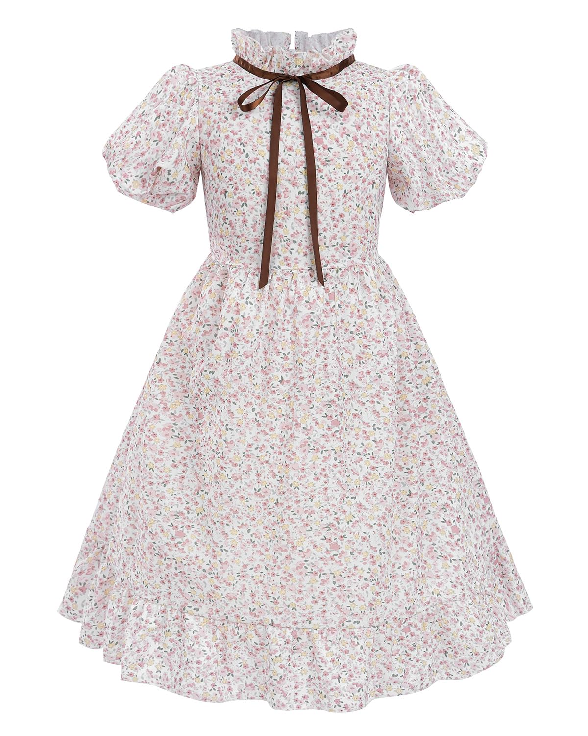 LTAKK Pioneer Dress Girls Colonial Costume Prairie Pilgrim Girl Dresses with Pinafore and Bonnet, Pink Floral, XL
