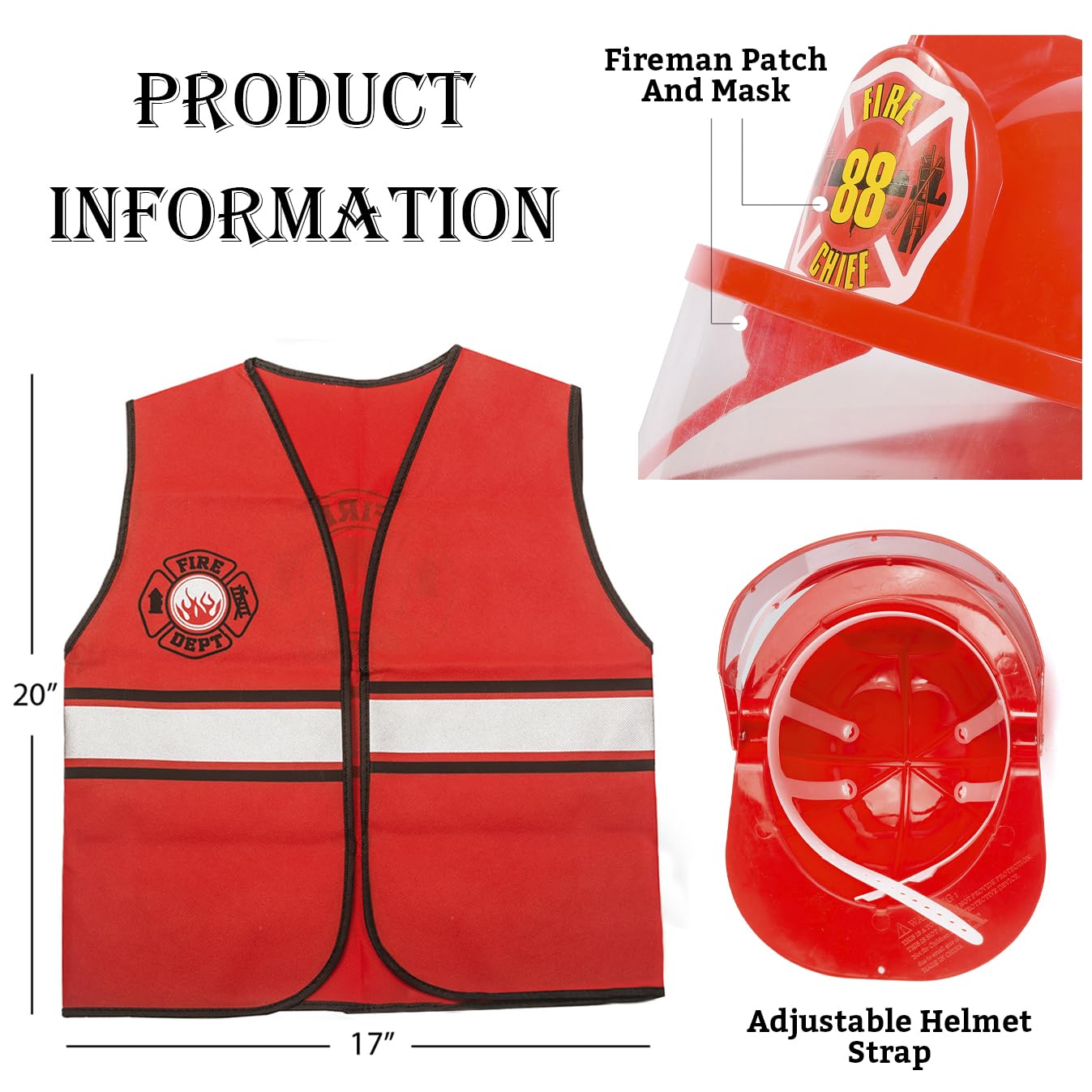 Tigerdoe Fireman Costume - Construction Costume - Occupation Costume (Red Fireman Hat And Vest)