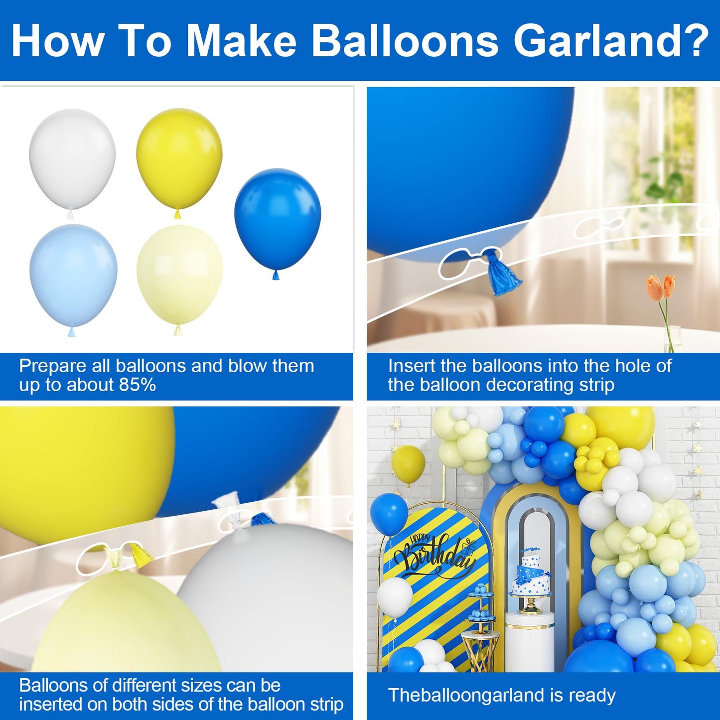 Blue Yellow Balloon Garlands, Pastel Blue Yellow White Balloon Arch Kit, 18/12/10/5 Inch Different Sizes Royal Blue Yellow Latex