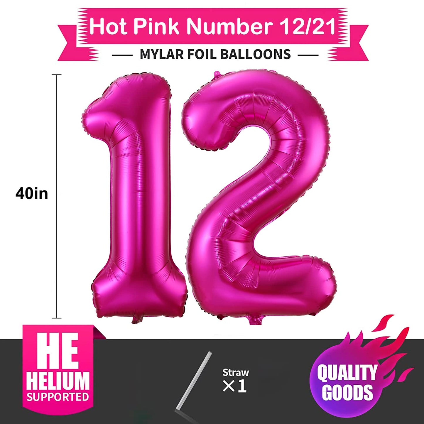 BBPOOL Hot Pink 40 Inch Number 12 Balloon - Large Aluminum Foil for Birthday Party & Anniversary Decorations